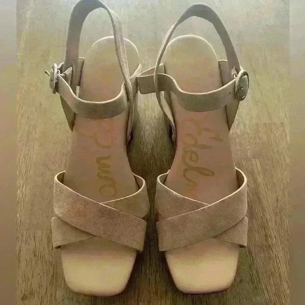 Sam Edelman Josefine Platform Heeled Sandal Modern chunky Beige Leather size 10